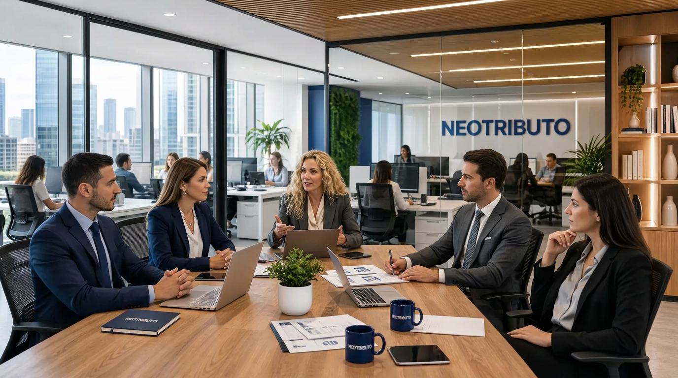 Equipe da NeoTributo em uma reunião de análise