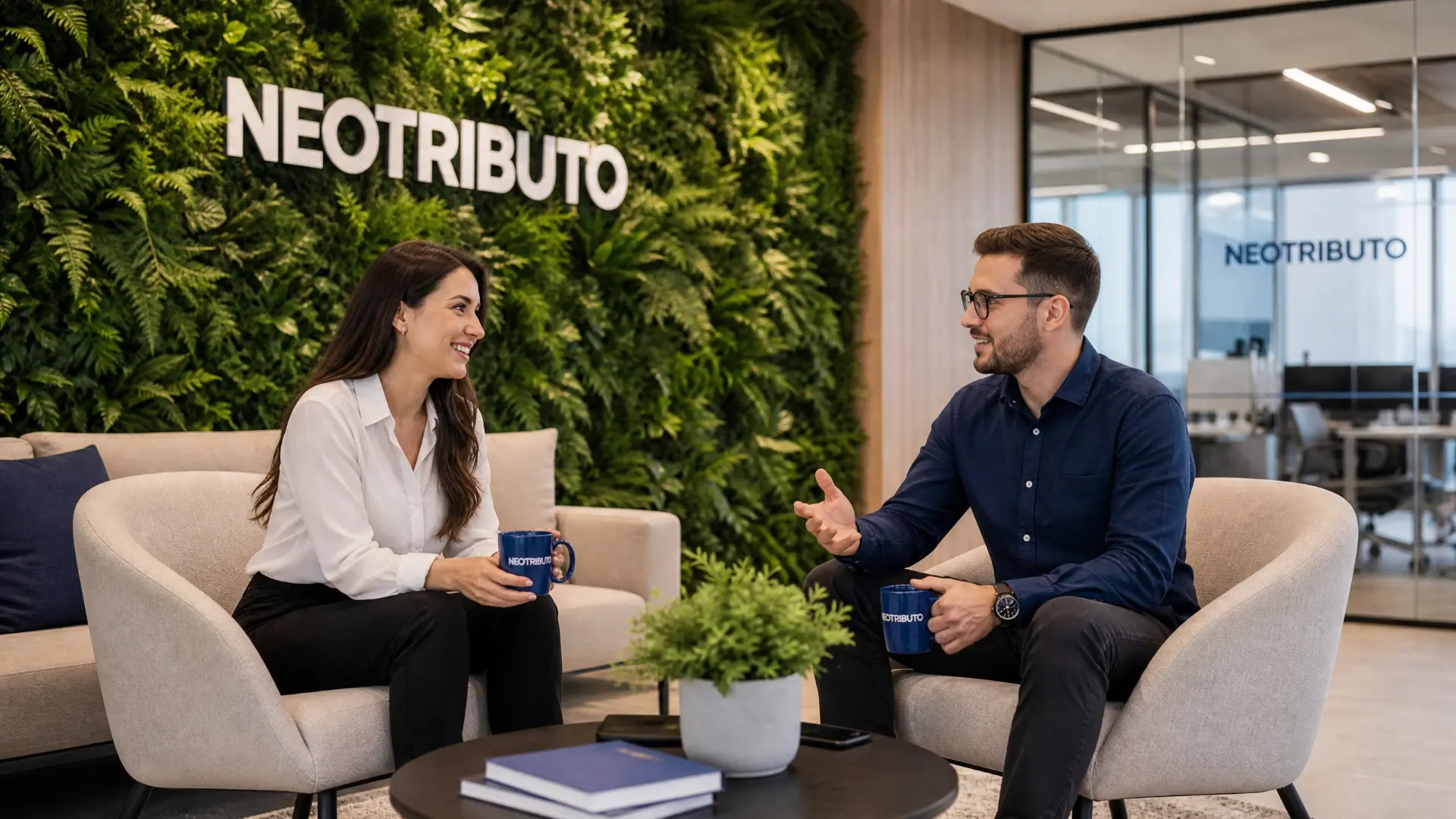 Profissionais da NEOTRIBUTO em reunião no ambiente corporativo da empresa